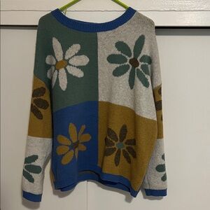 Easel Floral Block Pattern Sweater - Green, Blue, Gold